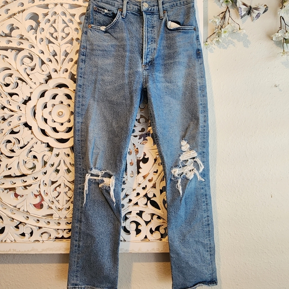 AGOLDE RILEY HIGH RISE CROPPED DISTRESSED LIGHT WASH JEANS WOMENS SZ 25 - Picture 10 of 16